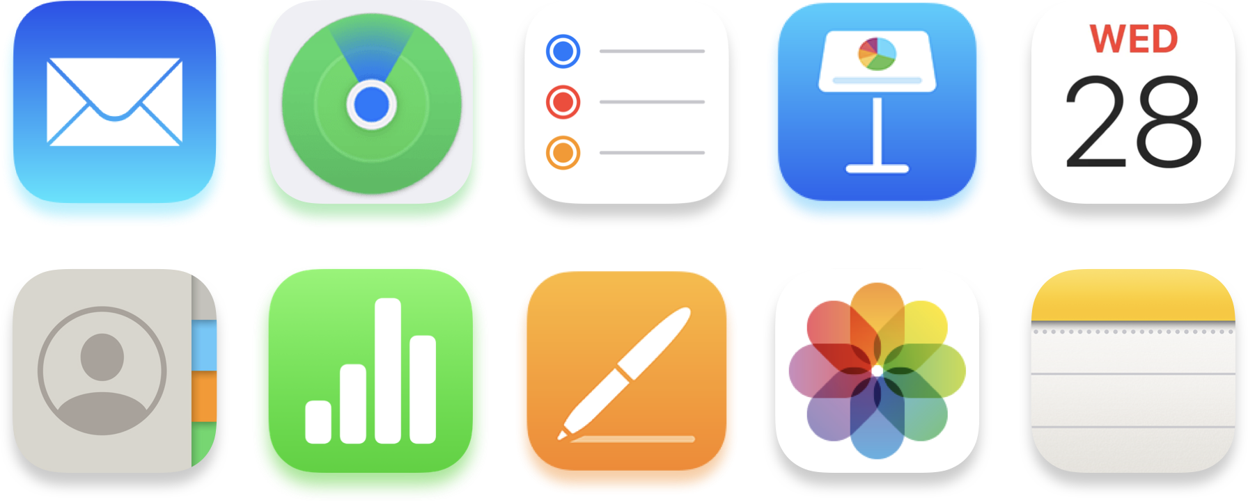 iCloud.com 上可用的 App 图标集合，包括“邮件”、“查找”和“提醒事项”